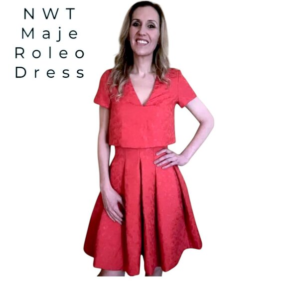 NWT Maje Roleo Pleated Metallic Jacquard Dress Red Size 1 - Picture 1 of 8